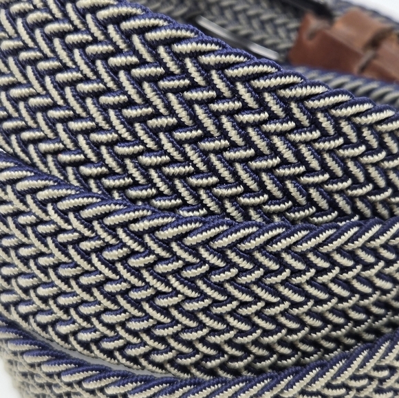 TOMMY BAHAMA BRAIDED WOVEN STRETCH BELT BLUE & KHAKI BROWN LEATHER END MEN L/XL - Picture 5 of 12